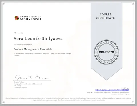 Сертификат «Product Management Essentials», University of Maryland, Coursera · 2024